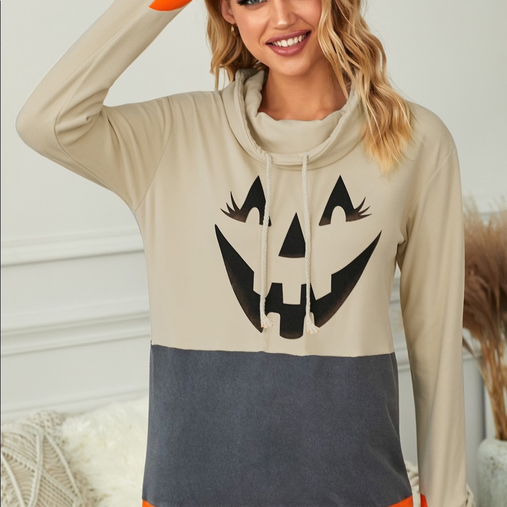 Halloween Print Color Block Drawstring Sweatshirt - Picture 9 of 14